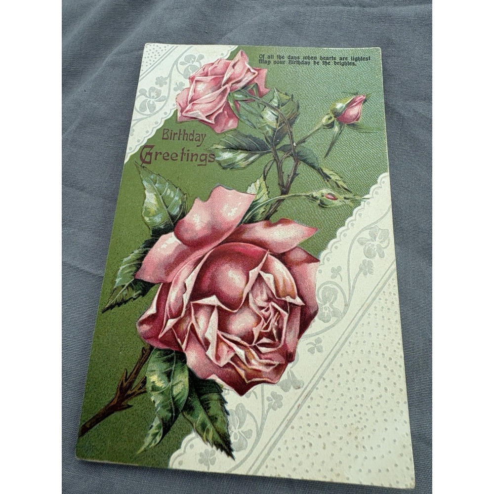 Antique VTG  March 1910 Birthday Greetings Postcard‎ Roses Posted Stamp Germany